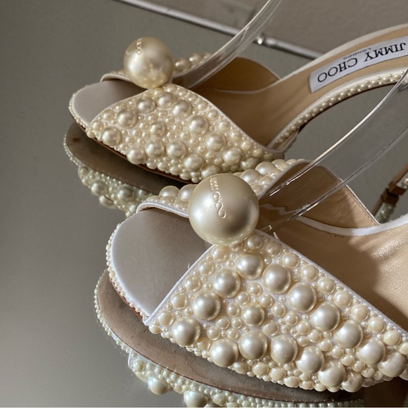 Like new Jimmy Choo Sacora 100 White Satin Sandals with All Over Pearls $1,950 - Picture 13 of 17